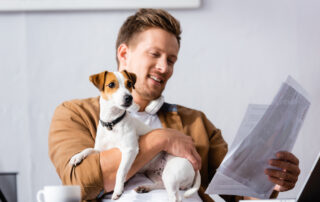 Man looking at pet insurance with his Jack Russell terrier